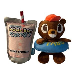 Bark BarkBox Lil' Bucky beaver plush dog toy and Pool boy whine spritzer dog toy